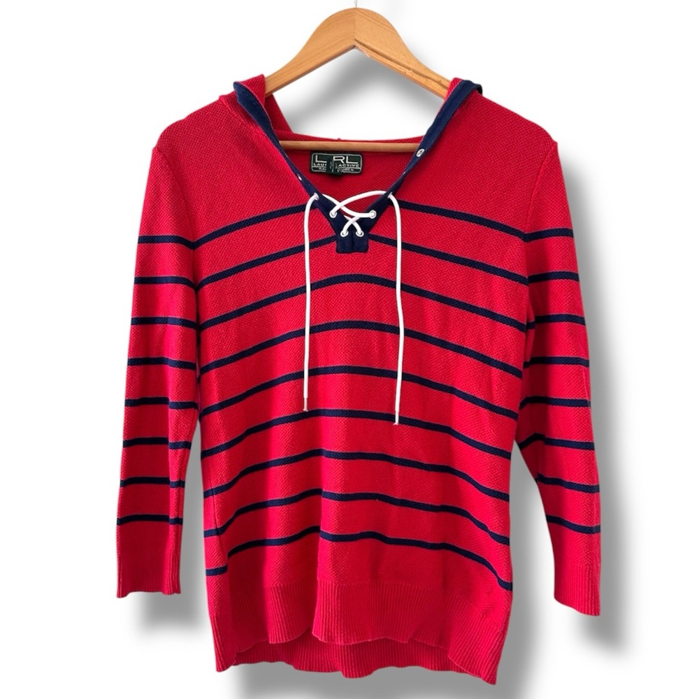 Y2K Lauren Ralph Lauren Red Stripe Nautical Knit Hoodie Women’s Size Large Vtg